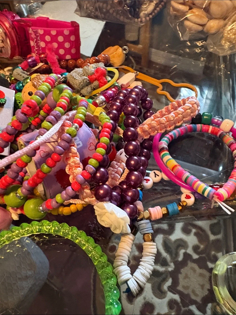 Assorted Kids Beaded Bracelets and Charm Bangles - Green, Red, Pink